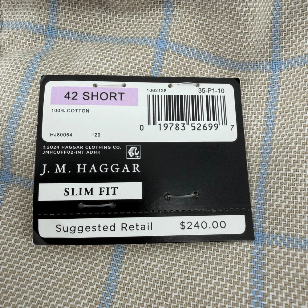 J.M. Haggar Sport Coat Mens 42S Tan Blue Windowpane Check Slim Fit Cotton Blazer
